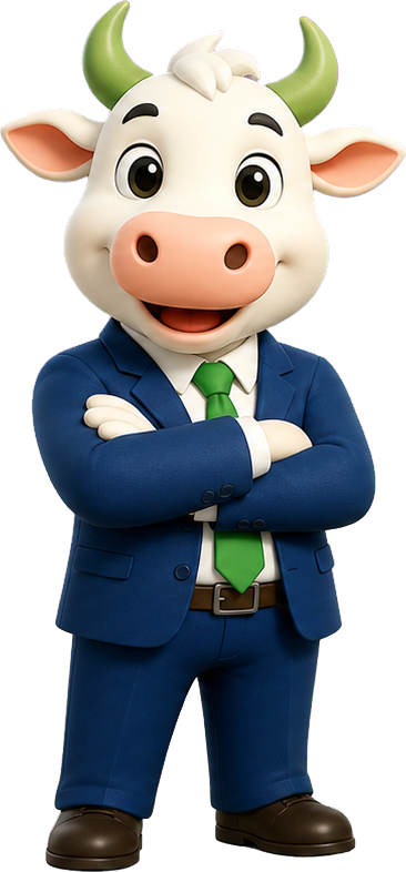 ImmoCow Kuh-Maskottchen mit verschränkten Armen