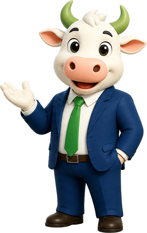 ImmoCow Kuh-Maskottchen im blauen Anzug
